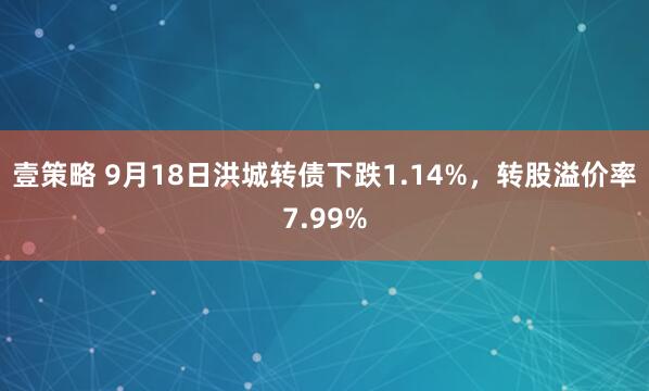 壹策略 9月18日洪城转债下跌1.14%，转股溢价率7.99%